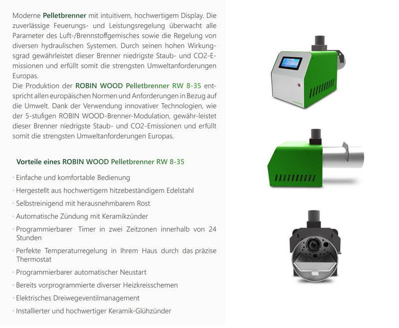 Robin Wood RW 8–35 kW Pelletbrenner-Set – mit 300 L Beistelltank, Förderschnecke & Flansch