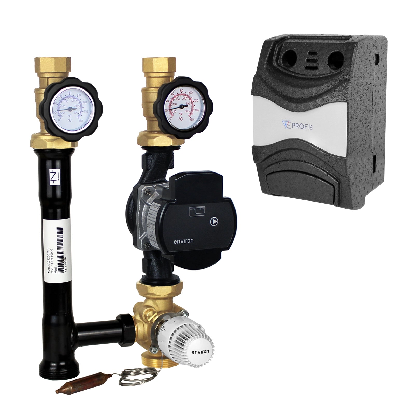 ProfiMix Heizkreispumpengruppe mit Drei-Wege-Mischer, Kapillar-Thermostatkopf 20-70°C und Environ Ecostar II 25/6 Hocheffizienzpumpe