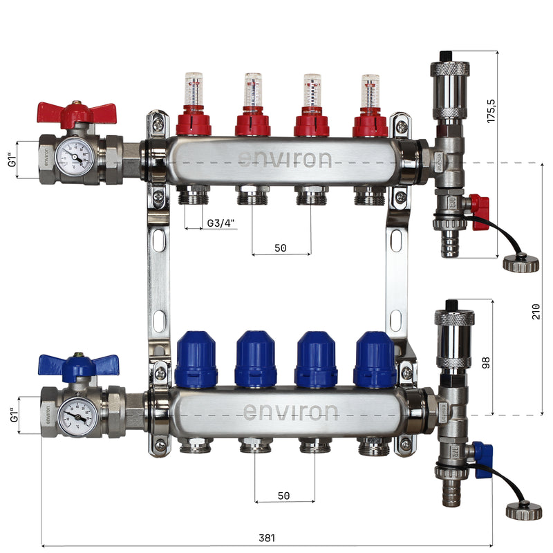 Festwertregelset M058 20-55°C mit Grundfos UPM3 25/6 Hocheffizienzpumpe, Edelstahl-Heizkreisverteiler, Entlüfterset & Kugelhahnset