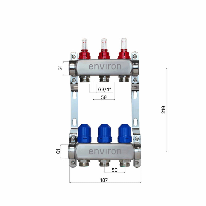 Distribuidor de circuito de calefacción de acero inoxidable – 2 a 12 circuitos