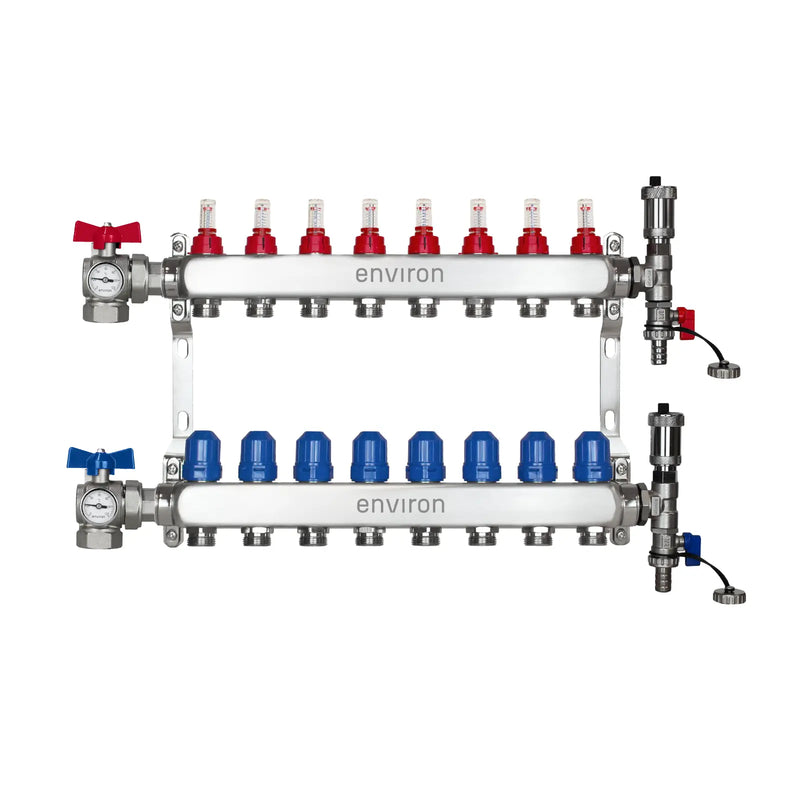 Distribuidor de circuito de calefacción de acero inoxidable – 2 a 12 circuitos con juego de válvulas de bola en ángulo de 90° y termómetro