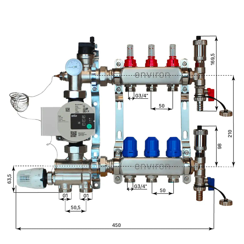Juego de regulación de valor fijo M059 20-70°C con bomba de alta eficiencia Wilo Para 25/6, distribuidor de circuito de calefacción de acero inoxidable, juego de purgadores y juego de válvulas de bola