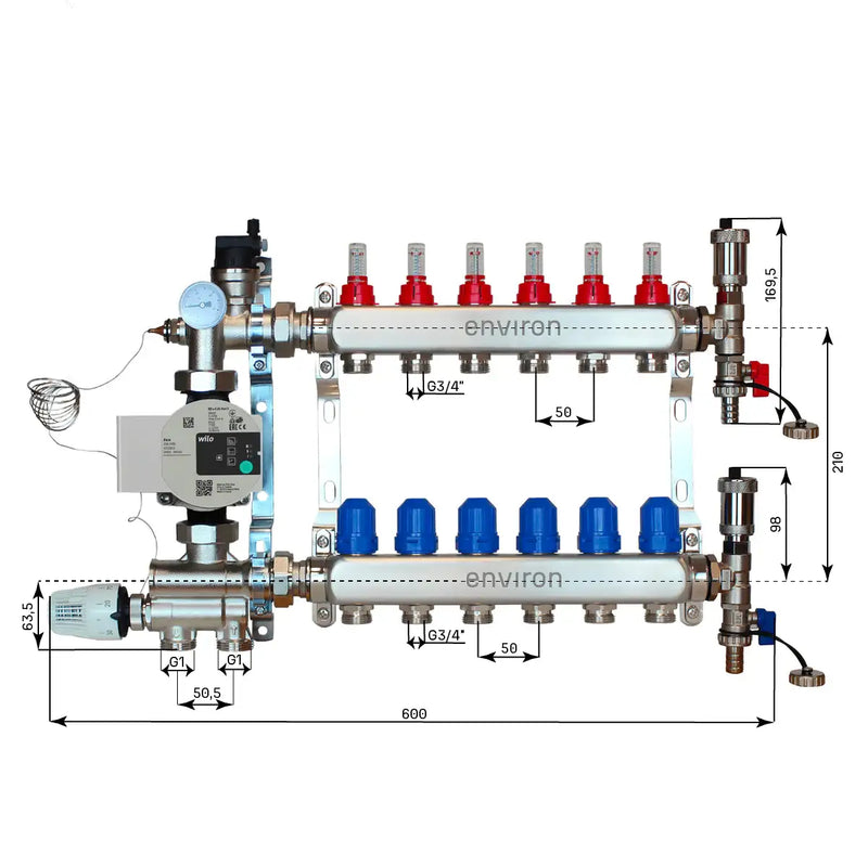 Juego de regulación de valor fijo M059 20-70°C con bomba de alta eficiencia Wilo Para 25/6, distribuidor de circuito de calefacción de acero inoxidable, juego de purgadores y juego de válvulas de bola