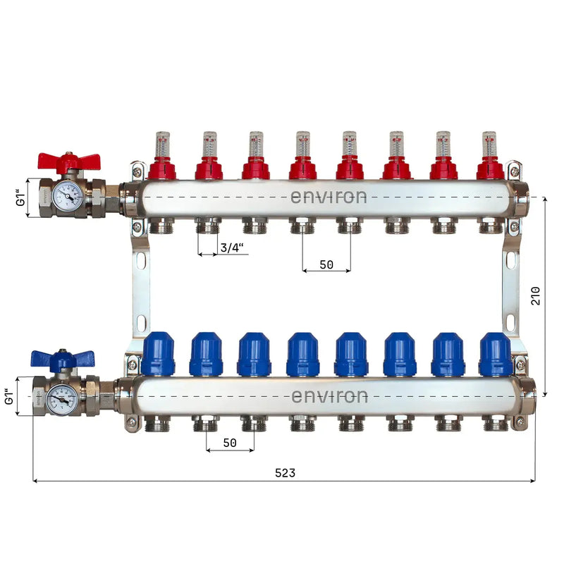 Distributeur de circuit de chauffage en acier inoxydable 2 à 12 voies avec kit de raccordement pour vanne à boisseau sphérique