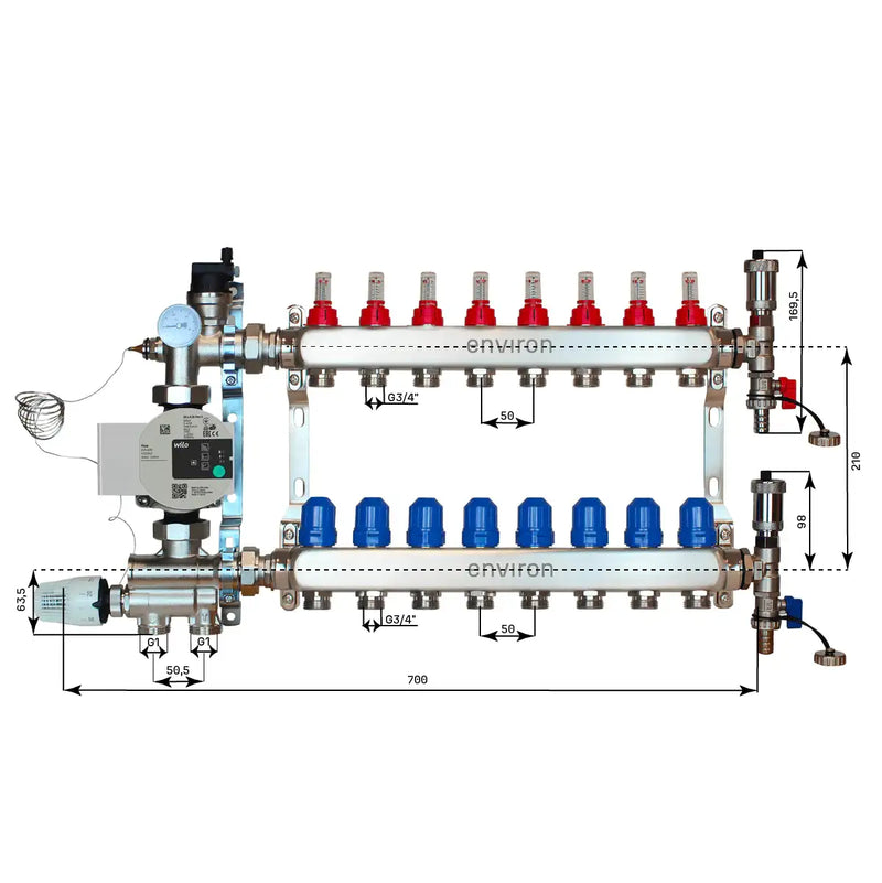 Juego de regulación de valor fijo M059 20-70°C con bomba de alta eficiencia Wilo Para 25/6, distribuidor de circuito de calefacción de acero inoxidable, juego de purgadores y juego de válvulas de bola