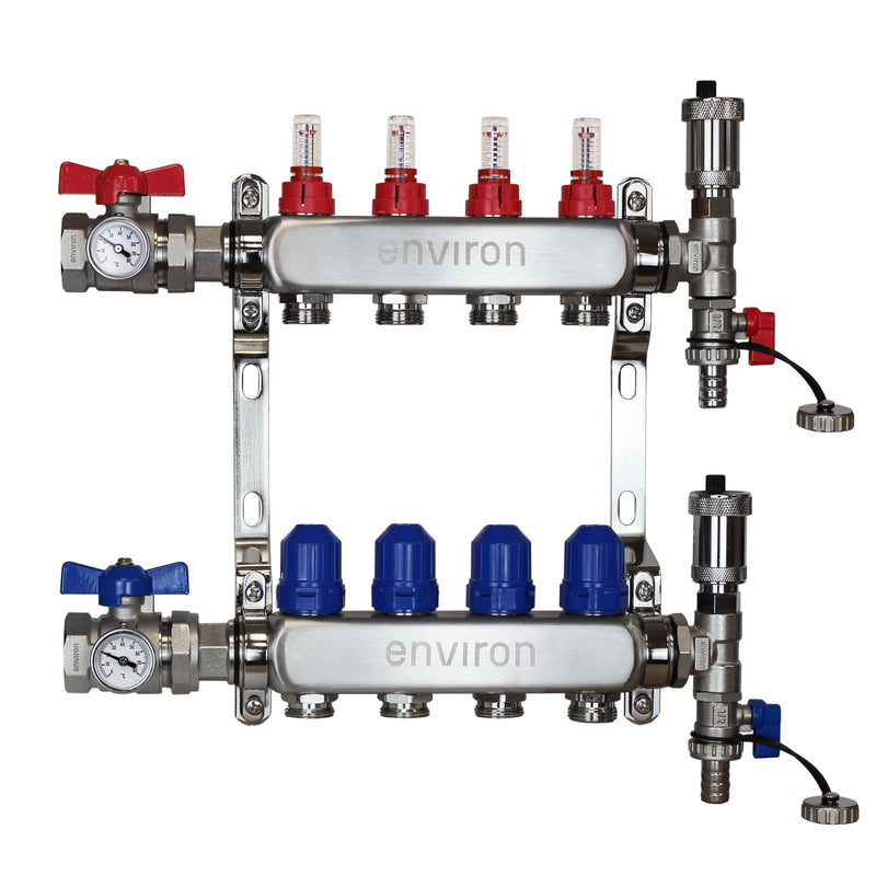 Distributeur de circuit de chauffage en acier inoxydable 2 à 12 voies avec vanne à boisseau sphérique et kit de raccordement de purge
