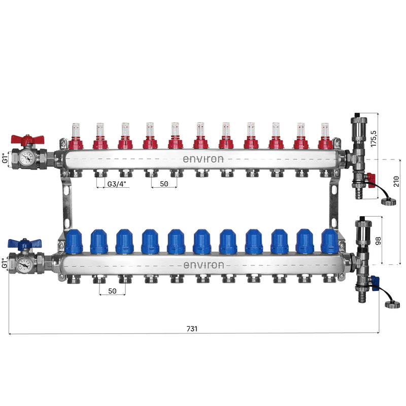 Festwertregelset M058 20-55°C mit Grundfos UPM3 25/6 Hocheffizienzpumpe, Edelstahl-Heizkreisverteiler, Entlüfterset & Kugelhahnset
