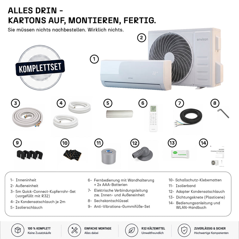 ClimaBoost A+++ Split Klimaanlage Quick Connect 9.000 BTU (2,6 kW) Komplettset