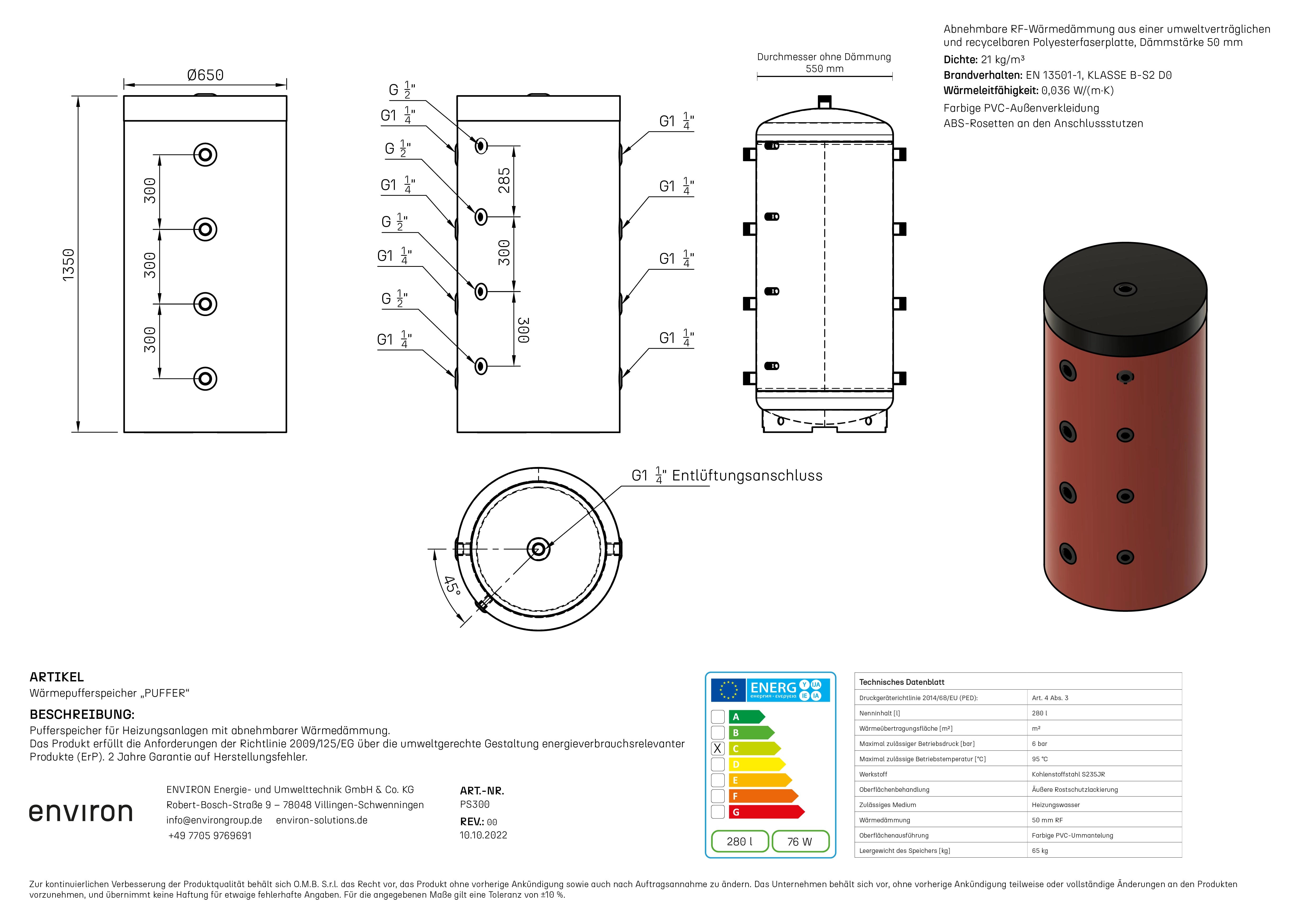 PS 300 – acumulador de inercia 300 litros – sin intercambiador – aislamiento desmontable