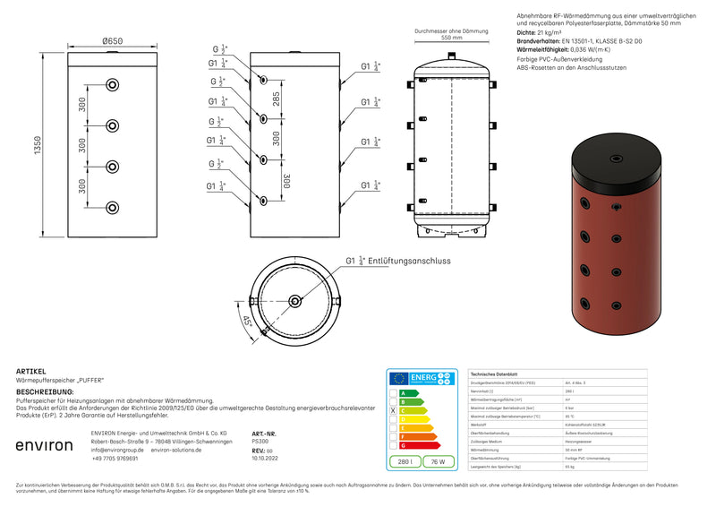 PS 300 – Pufferspeicher 300 Liter – ohne Wärmetauscher – abnehmbare Dämmung