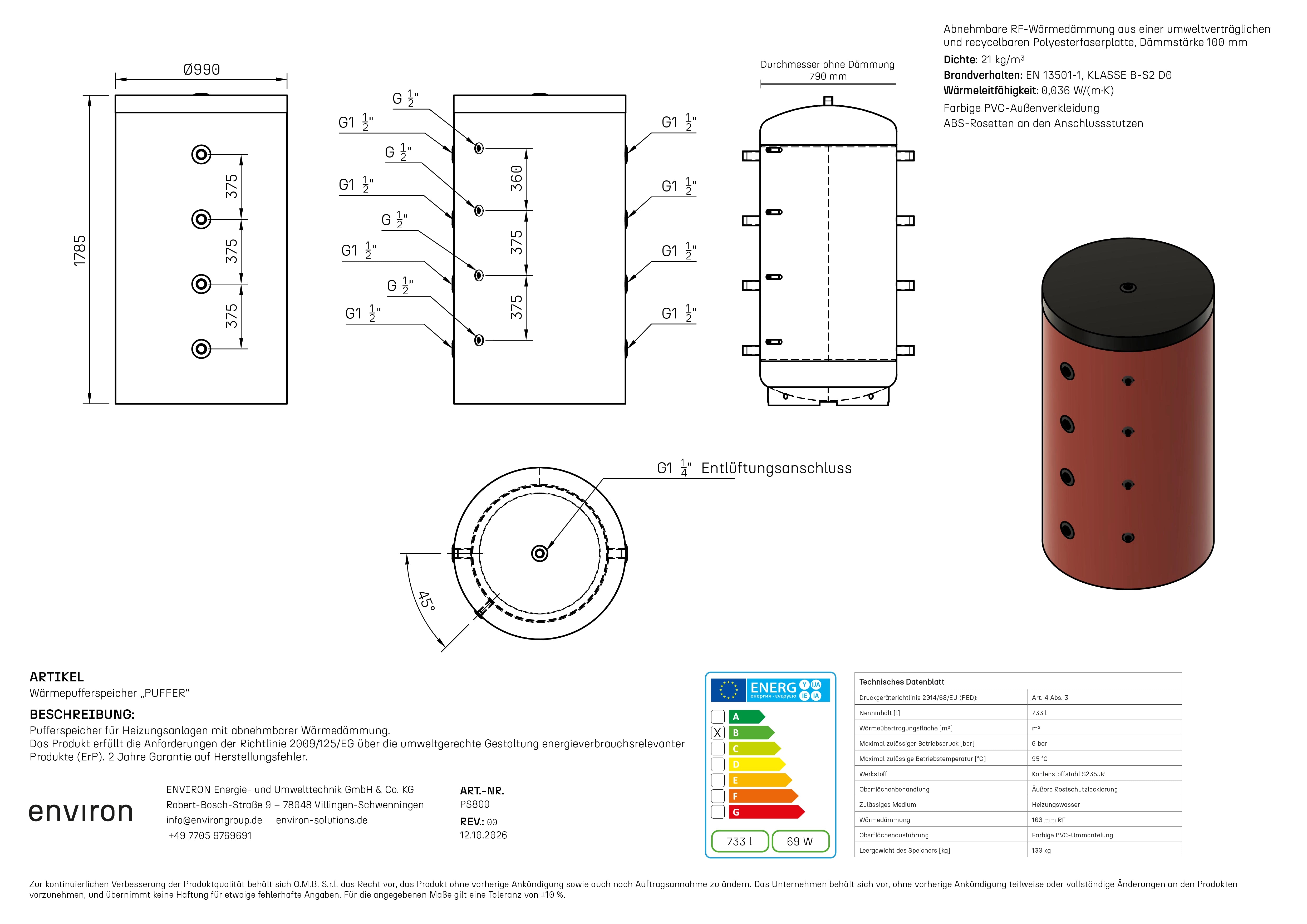 PS 800 – Acumulador de almacenamiento 800 litros – sin intercambiador de calor – Aislamiento desmontable