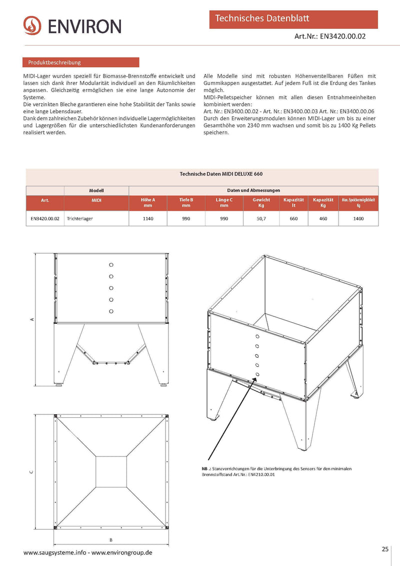 Pellet-Speicher mit Trichterboden Midi DELUXE 660