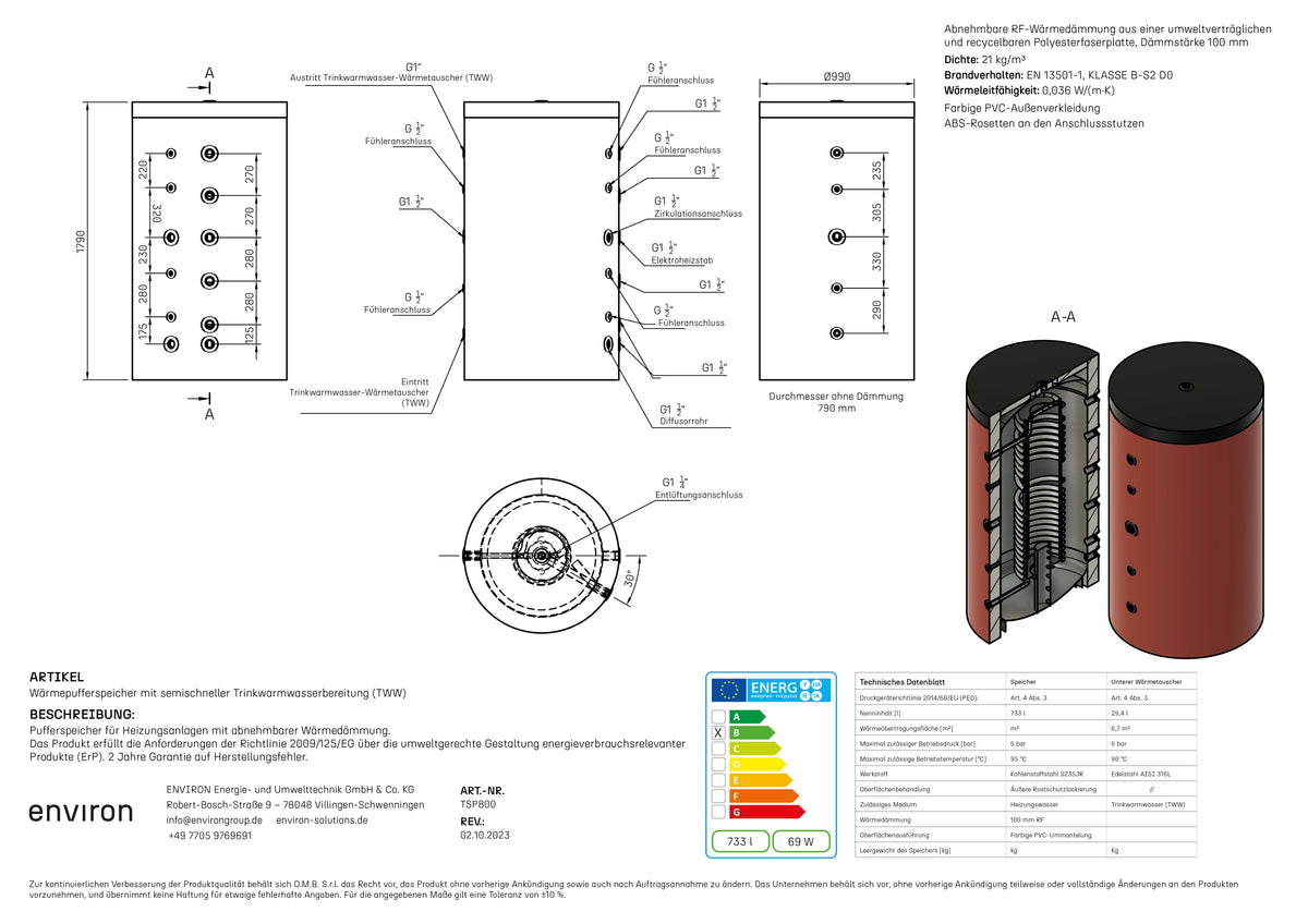 TSP 800 – Acumulador higiénico 800 litros – Tubo corrugado de acero inoxidable – Aislamiento desmontable