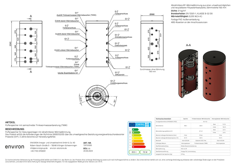 TSPD 1000 – Serbatoio igienico 1000 litri – con 2 scambiatori di calore – Isolamento rimovibile
