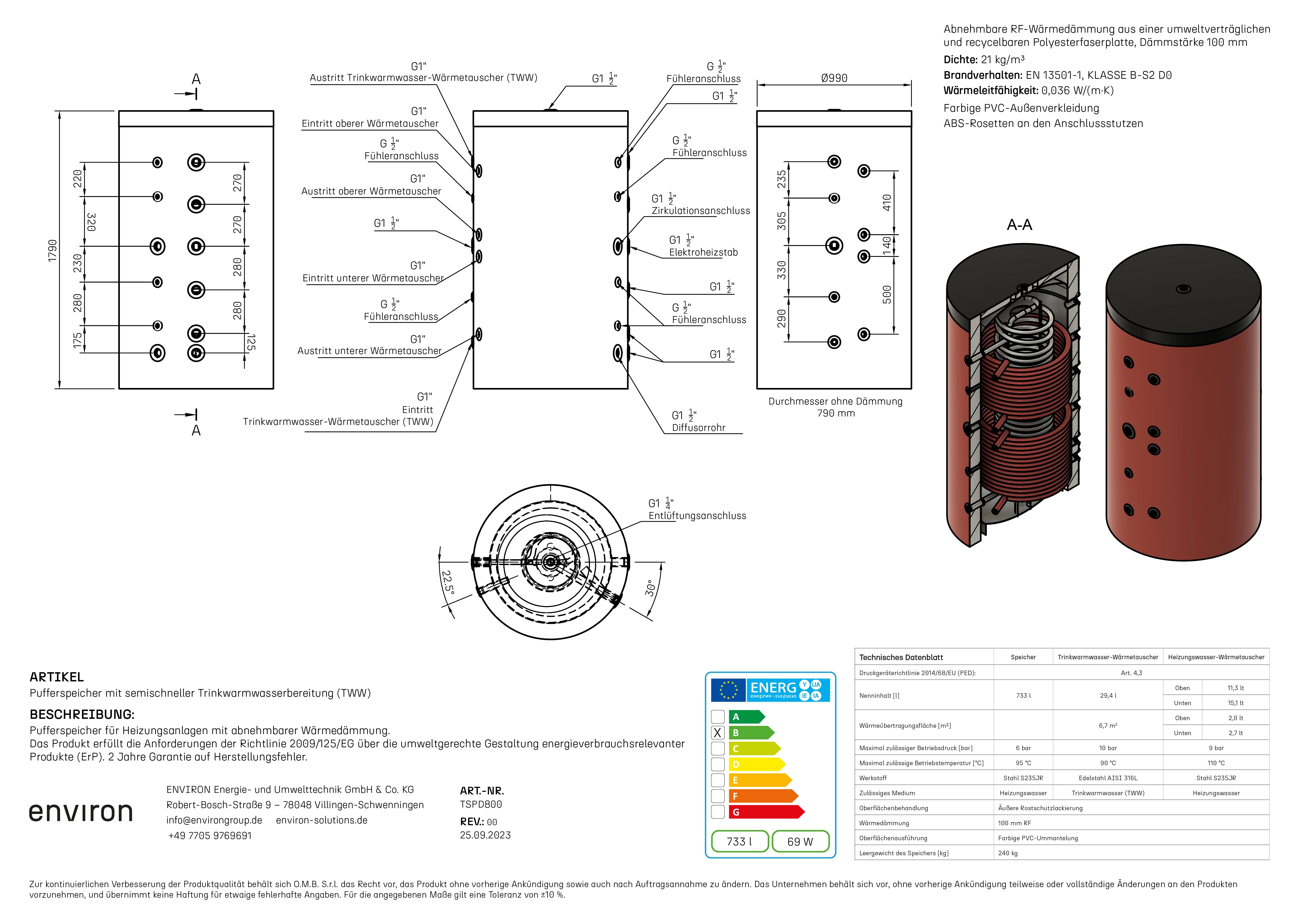 TSPD 800 – Acumulador higiénico 800 litros – con 2 intercambiadores de calor – Aislamiento desmontable