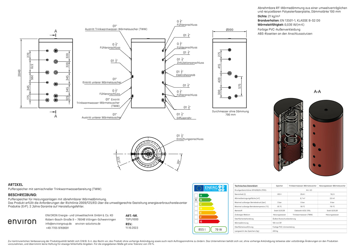 TSPU 1000 – Acumulador higiénico 1000 litros – con 1 intercambiador de calor – Aislamiento desmontable