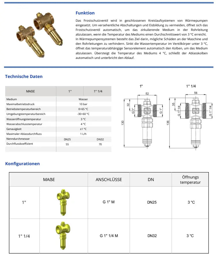 Frostschutzventil 1" AG / DN25 Frostschutz für Wärmepumpen, selbstöffnend