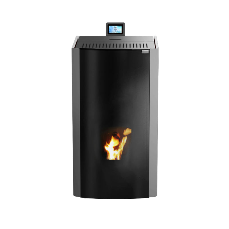 A++ Robin Wood Woody Total Glass wasserführender Pelletofen 18 kW mit Metallic Lackierung und Doppelter Türe
