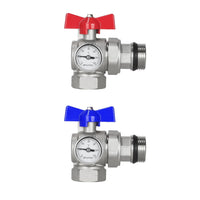 Kugelhahn-Set 1" Eckform 90° mit Thermometer – rot/blau – für Heizkreisverteiler