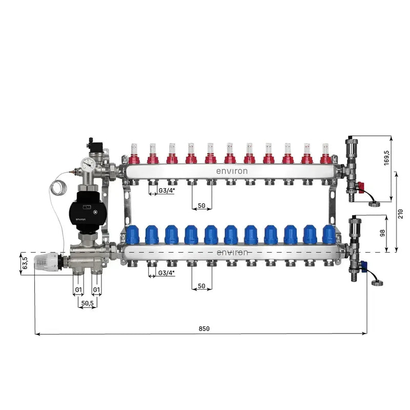Festwertregelset M059 20-70°C mit EcoStar II 25/6 Hocheffizienzpumpe, Edelstahl-Heizkreisverteiler, Entlüfterset & Kugelhahnset