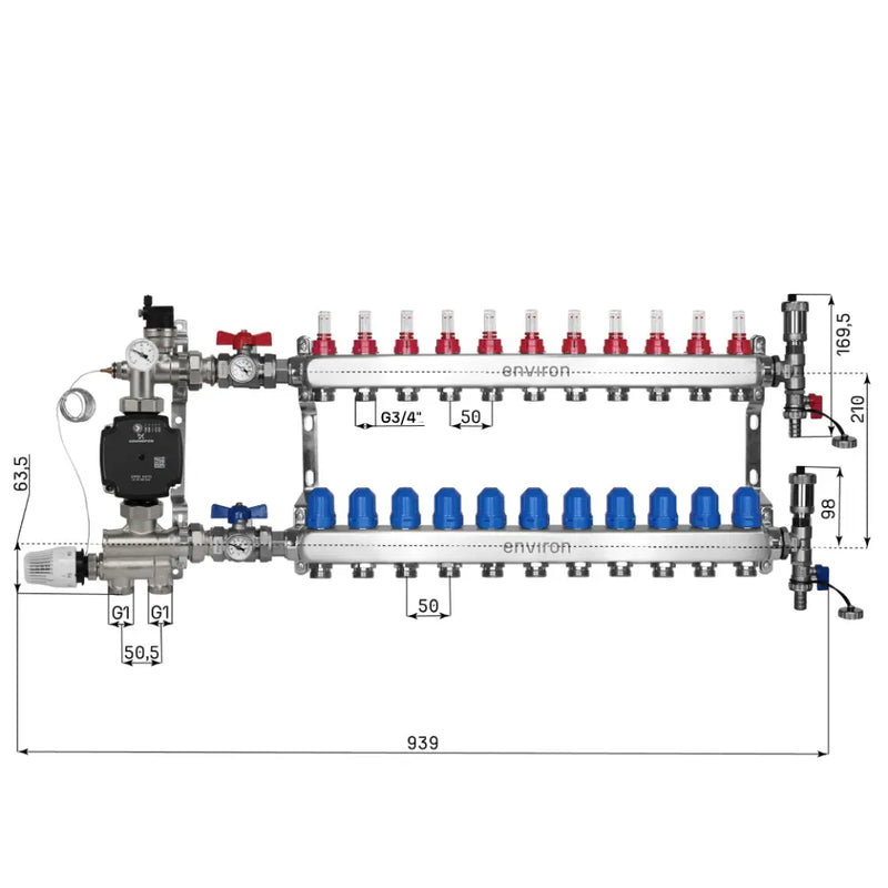 Juego de regulación de valor fijo M059 20-70°C con bomba de alta eficiencia Grundfos UPM3 25/6, distribuidor de circuito de calefacción de acero inoxidable, juego de purgadores y juego de válvulas de bola