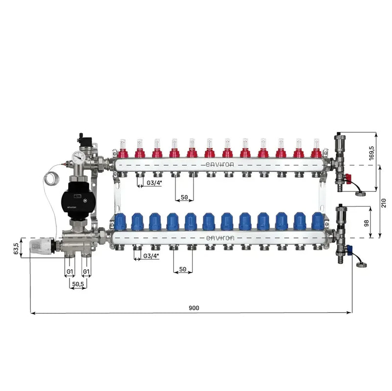 Festwertregelset M059 20-70°C mit EcoStar II 25/6 Hocheffizienzpumpe, Edelstahl-Heizkreisverteiler, Entlüfterset & Kugelhahnset