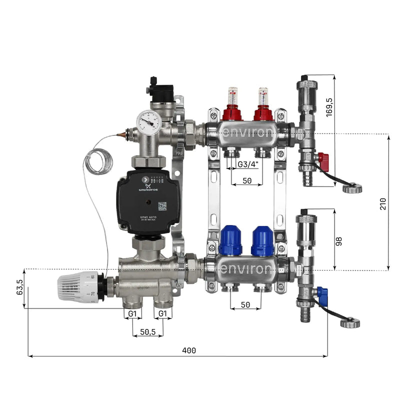 Juego de regulación de valor fijo M059 20-70°C con bomba de alta eficiencia Grundfos UPM3 25/6, distribuidor de circuito de calefacción de acero inoxidable, juego de purgadores y juego de válvulas de bola