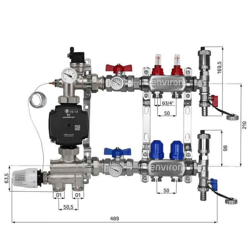 Juego de regulación de valor fijo M059 20-70°C con bomba de alta eficiencia Grundfos UPM3 25/6, distribuidor de circuito de calefacción de acero inoxidable, juego de purgadores y juego de válvulas de bola