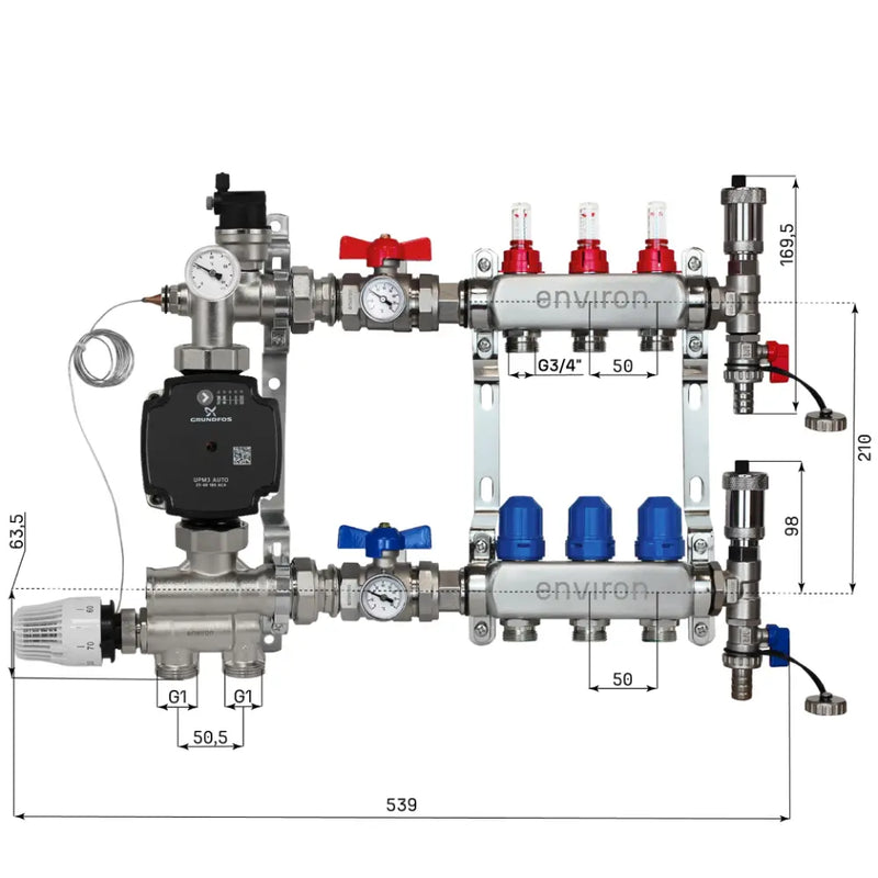 Juego de regulación de valor fijo M059 20-70°C con bomba de alta eficiencia Grundfos UPM3 25/6, distribuidor de circuito de calefacción de acero inoxidable, juego de purgadores y juego de válvulas de bola