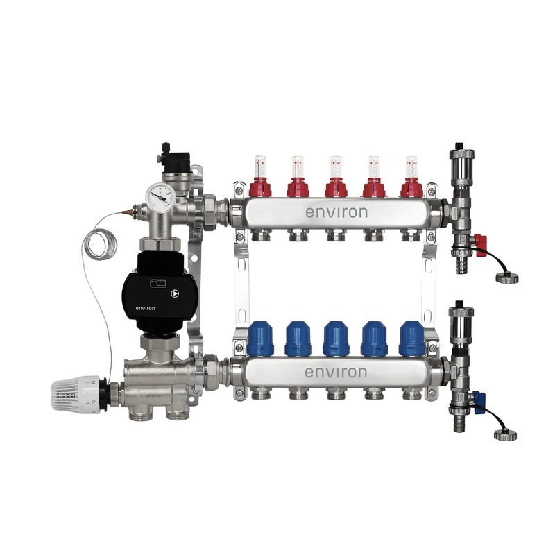 Festwertregelset M059 20-70°C mit EcoStar II 25/6 Hocheffizienzpumpe, Edelstahl-Heizkreisverteiler, Entlüfterset & Kugelhahnset