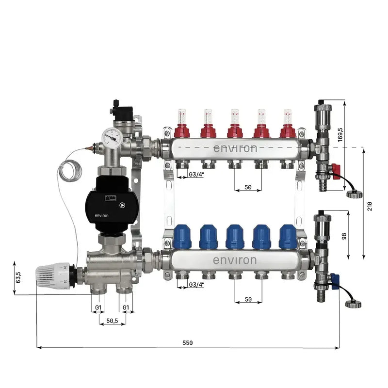 Festwertregelset M059 20-70°C mit EcoStar II 25/6 Hocheffizienzpumpe, Edelstahl-Heizkreisverteiler, Entlüfterset & Kugelhahnset