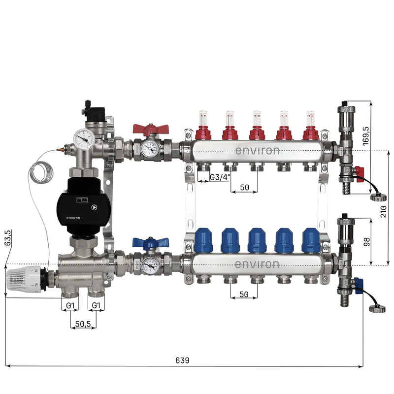 Festwertregelset M059 20-70°C mit EcoStar II 25/6 Hocheffizienzpumpe, Edelstahl-Heizkreisverteiler, Entlüfterset & Kugelhahnset