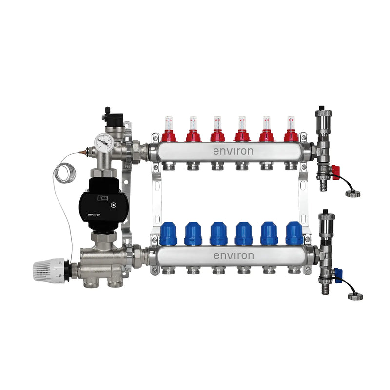 Festwertregelset M059 20-70°C mit EcoStar II 25/6 Hocheffizienzpumpe, Edelstahl-Heizkreisverteiler, Entlüfterset & Kugelhahnset