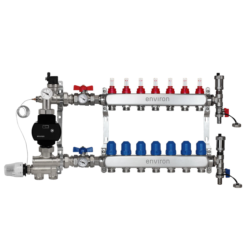 Festwertregelset M059 20-70°C mit EcoStar II 25/6 Hocheffizienzpumpe, Edelstahl-Heizkreisverteiler, Entlüfterset & Kugelhahnset