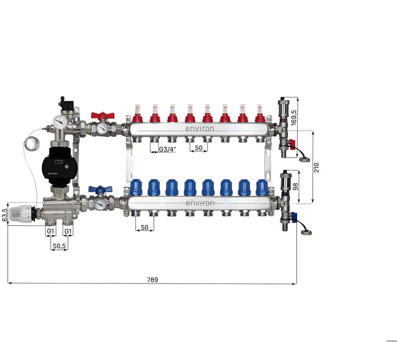 Festwertregelset M059 20-70°C mit EcoStar II 25/6 Hocheffizienzpumpe, Edelstahl-Heizkreisverteiler, Entlüfterset & Kugelhahnset