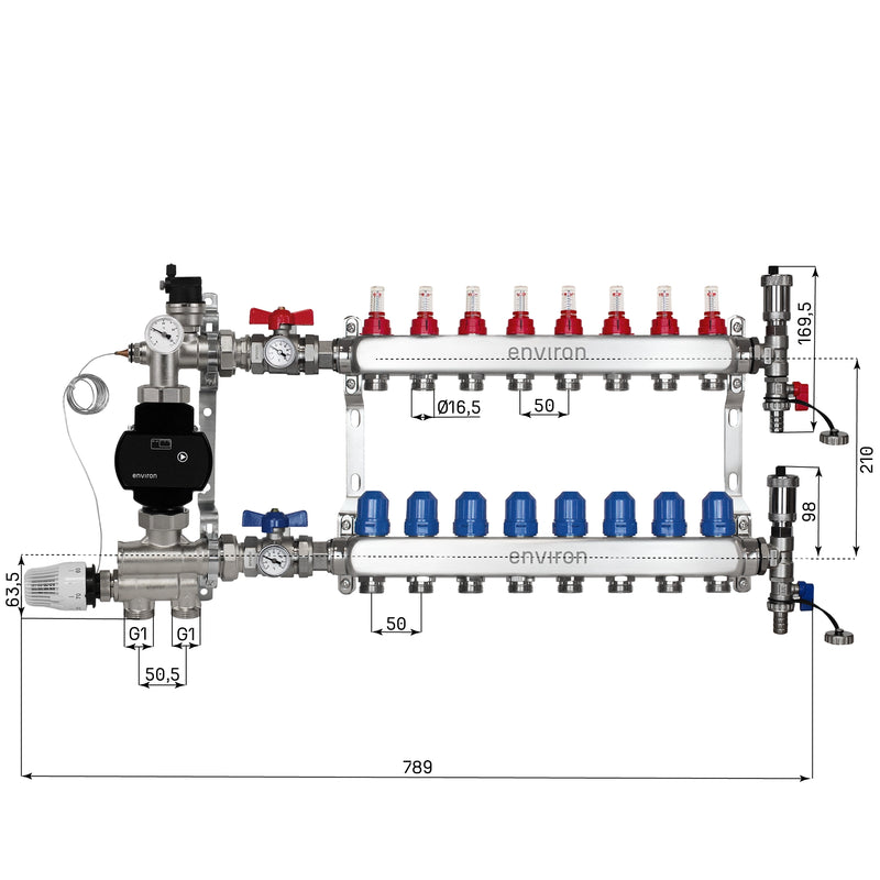 Festwertregelset M059 20-70°C mit EcoStar II 25/6 Hocheffizienzpumpe, Edelstahl-Heizkreisverteiler, Entlüfterset & Kugelhahnset