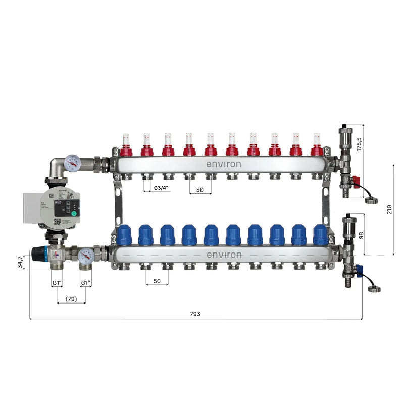 Festwertregelset M058 20-55°C mit Wilo Para 25/6 Hocheffizienzpumpe, Edelstahl-Heizkreisverteiler, Entlüfterset & Kugelhahnset