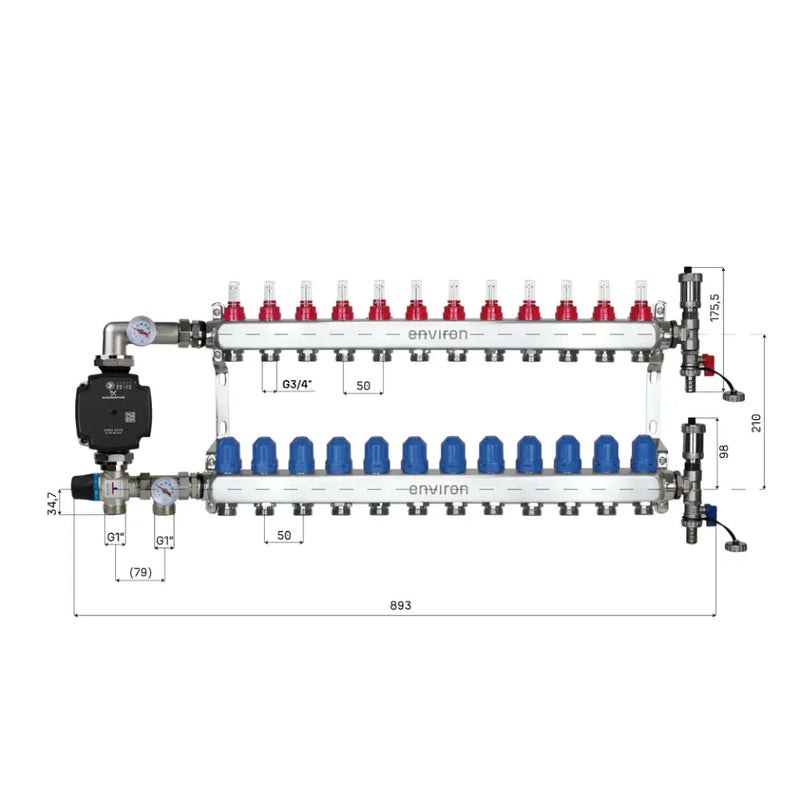 Juego de regulación de valor fijo M059 20-70°C con bomba de alta eficiencia Grundfos UPM3 25/6, distribuidor de circuito de calefacción de acero inoxidable, juego de purgadores y juego de válvulas de bola