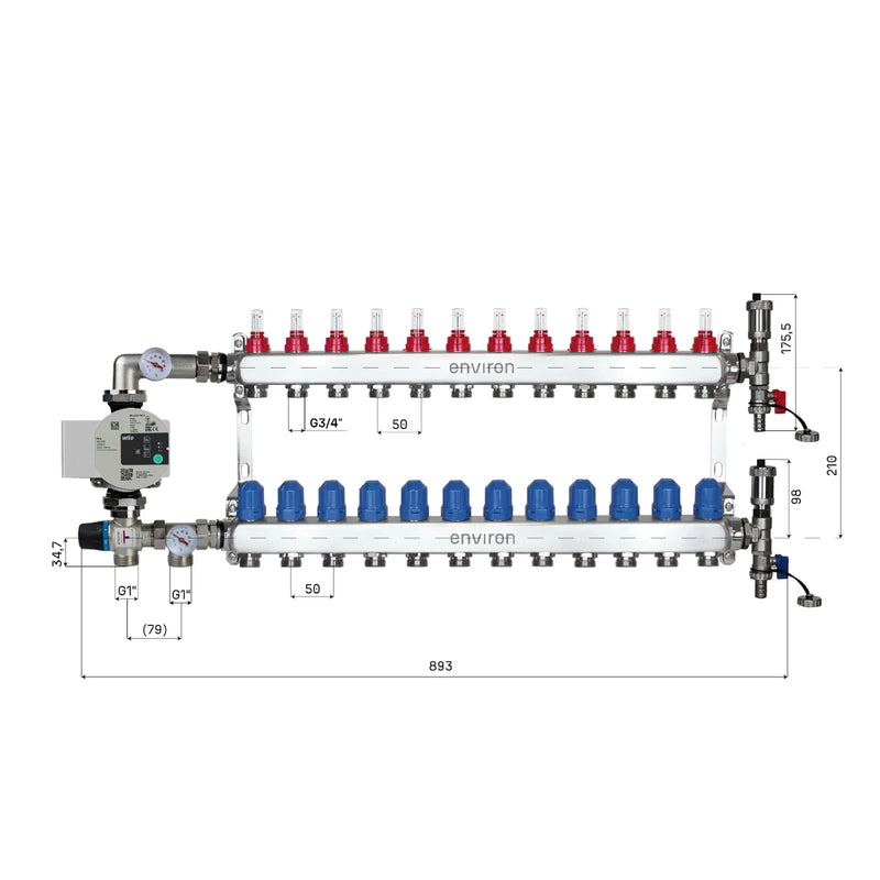 Festwertregelset M058 20-55°C mit Wilo Para 25/6 Hocheffizienzpumpe, Edelstahl-Heizkreisverteiler, Entlüfterset & Kugelhahnset