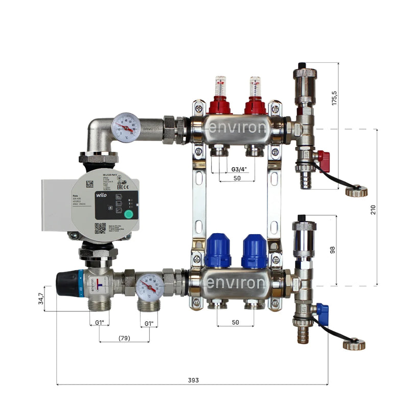 Festwertregelset M058 20-55°C mit Wilo Para 25/6 Hocheffizienzpumpe, Edelstahl-Heizkreisverteiler, Entlüfterset & Kugelhahnset