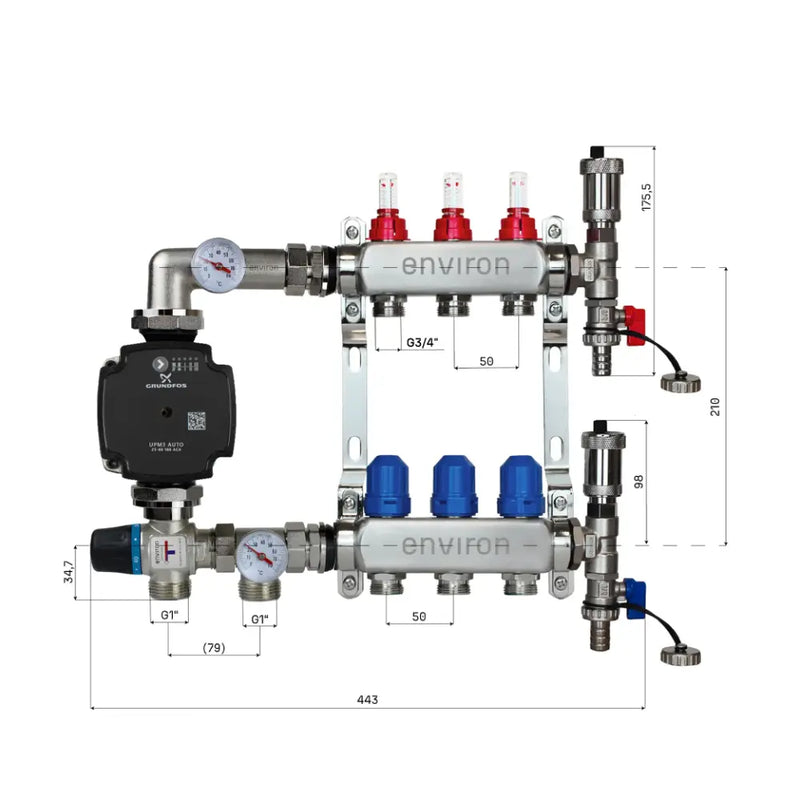 Juego de regulación de valor fijo M059 20-70°C con bomba de alta eficiencia Grundfos UPM3 25/6, distribuidor de circuito de calefacción de acero inoxidable, juego de purgadores y juego de válvulas de bola