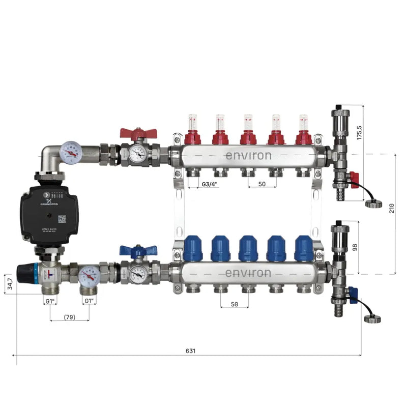 Juego de regulación de valor fijo M059 20-70°C con bomba de alta eficiencia Grundfos UPM3 25/6, distribuidor de circuito de calefacción de acero inoxidable, juego de purgadores y juego de válvulas de bola