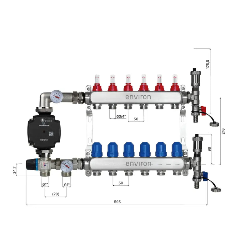 Juego de regulación de valor fijo M059 20-70°C con bomba de alta eficiencia Grundfos UPM3 25/6, distribuidor de circuito de calefacción de acero inoxidable, juego de purgadores y juego de válvulas de bola