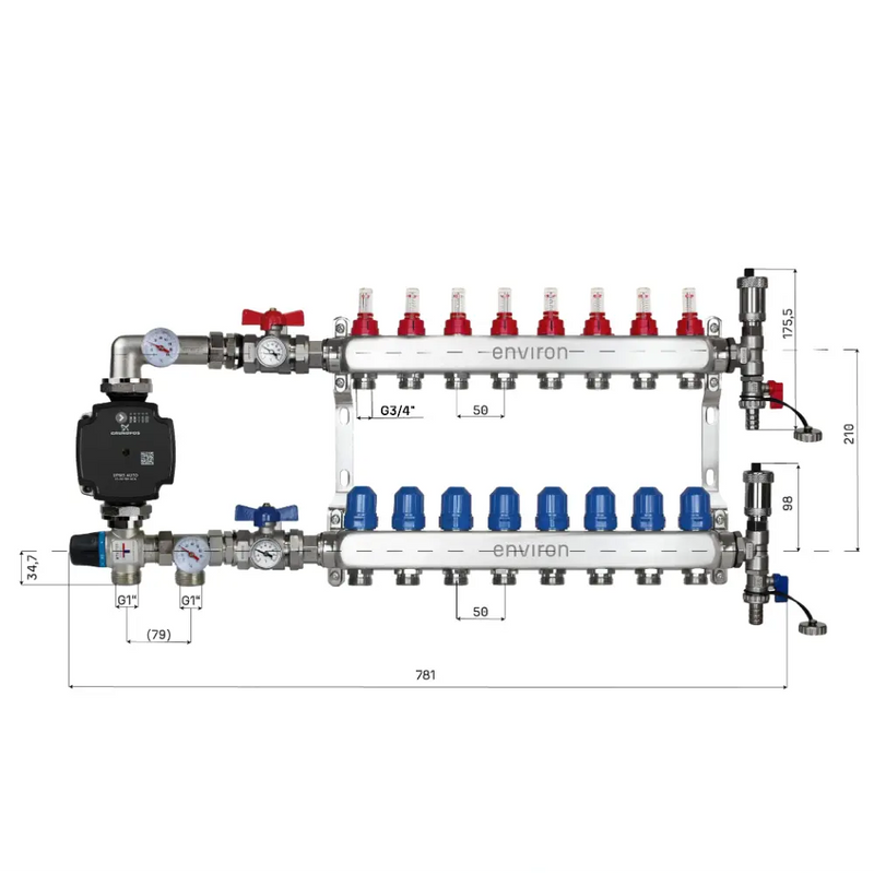 Juego de regulación de valor fijo M059 20-70°C con bomba de alta eficiencia Grundfos UPM3 25/6, distribuidor de circuito de calefacción de acero inoxidable, juego de purgadores y juego de válvulas de bola