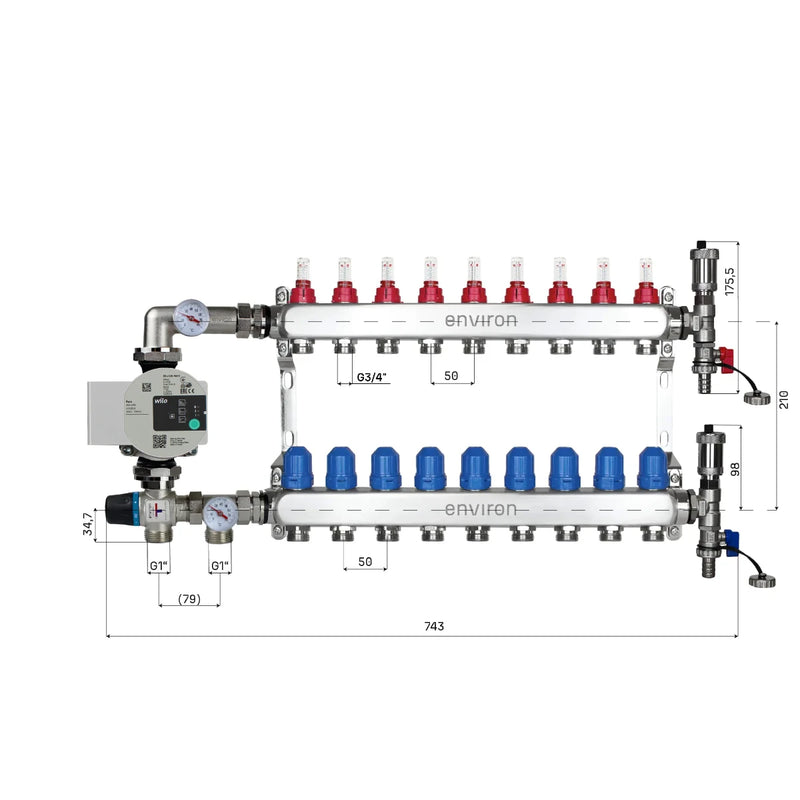 Festwertregelset M058 20-55°C mit Wilo Para 25/6 Hocheffizienzpumpe, Edelstahl-Heizkreisverteiler, Entlüfterset & Kugelhahnset