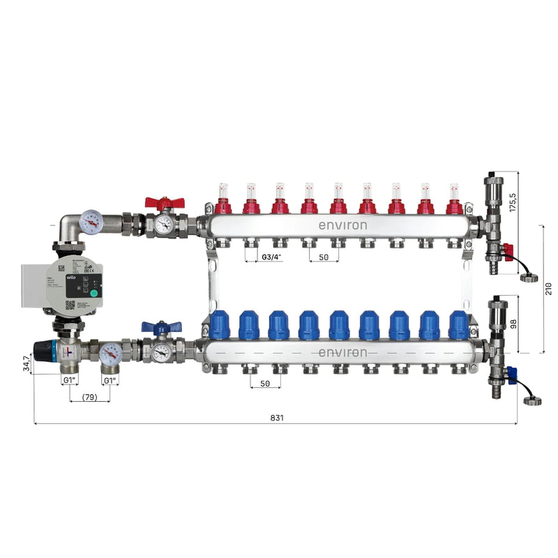Festwertregelset M058 20-55°C mit Wilo Para 25/6 Hocheffizienzpumpe, Edelstahl-Heizkreisverteiler, Entlüfterset & Kugelhahnset