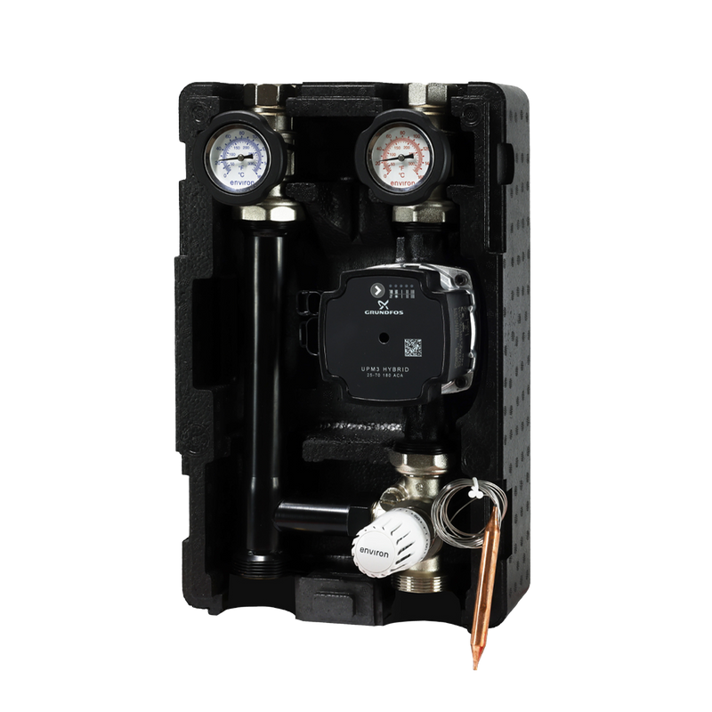 Groupe de pompes de circuit de chauffage ProfiMix avec mélangeur à trois voies, tête thermostatique capillaire 20-70°C et pompe à haut rendement Grundfos UPM3 S Auto 25/6