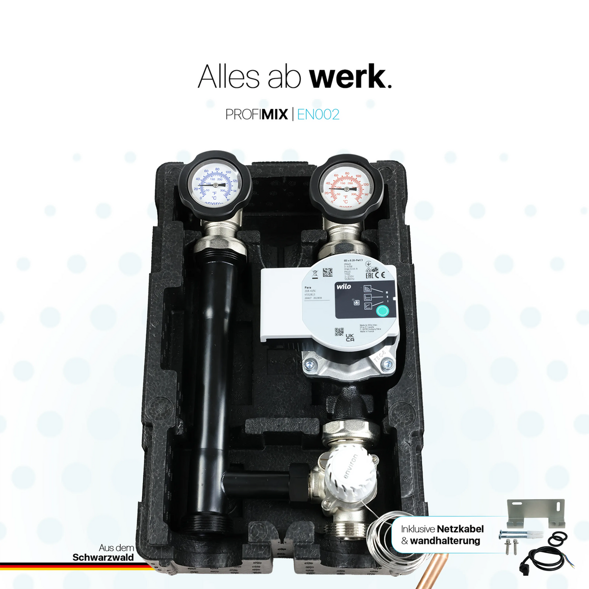 Grupo de bombas de circuito de calefacción ProfiMix con mezclador de tres vías, cabeza termostática capilar 20-70°C y bomba de alta eficiencia Wilo Para 25/6