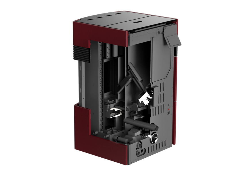 A++ Woody wasserführender Pelletofen 18 kW mit Bordeaux roter Keramikverkleidung