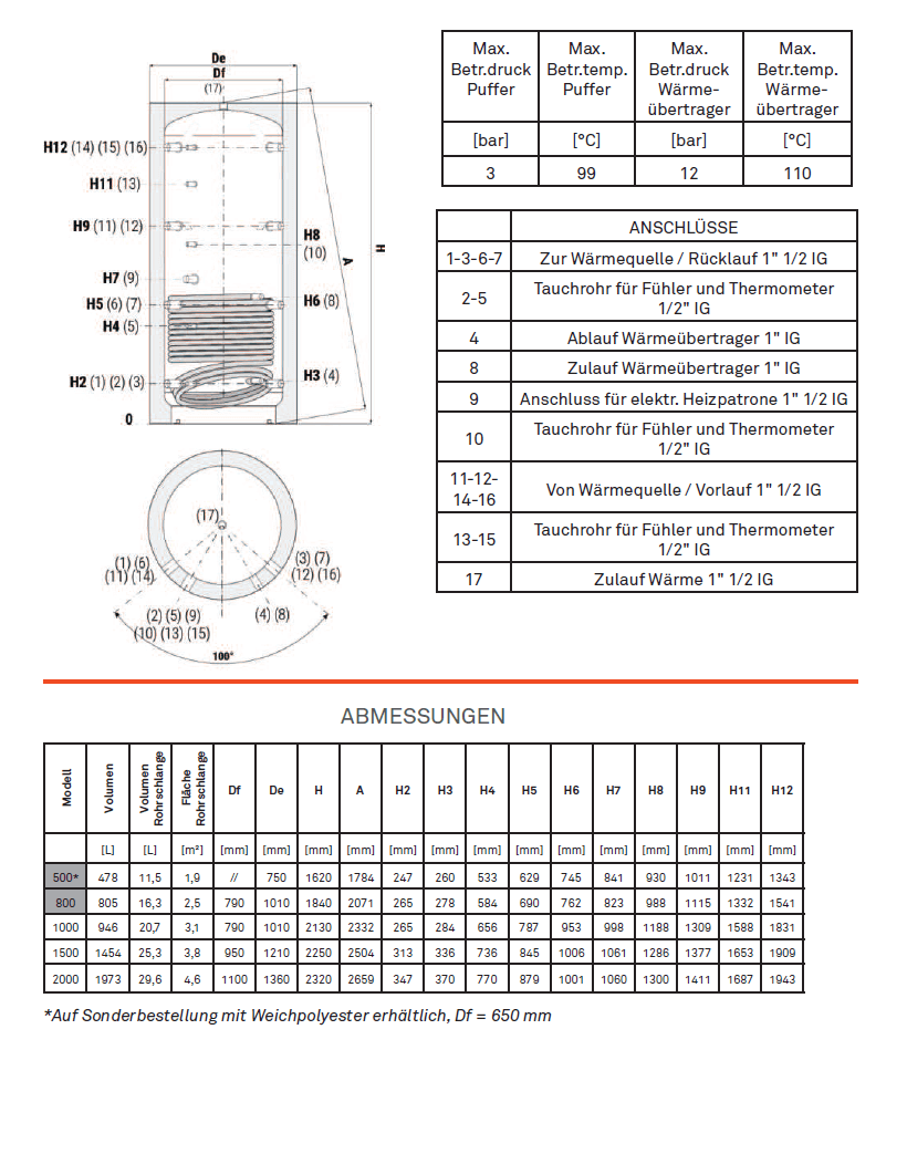 Laddotank Pufferspeicher mit einem WT, 500L, 75mm PU-Isolierung